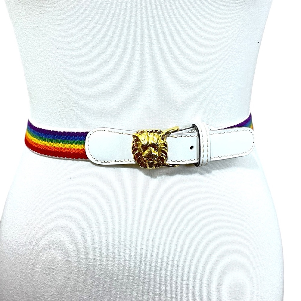 Vintage Anne Klein Rainbow Stretch Belt Gold Lion Head Buckle Y2K Retro Small